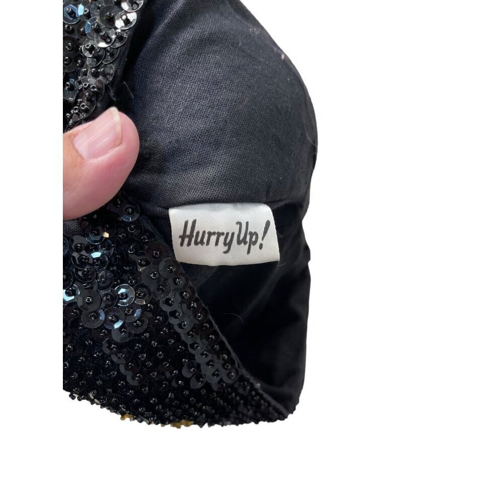 VTG Hurry Up Womens 80's Sequin Baseball Cap Disco Rave Black Gold - Picture 7 of 8